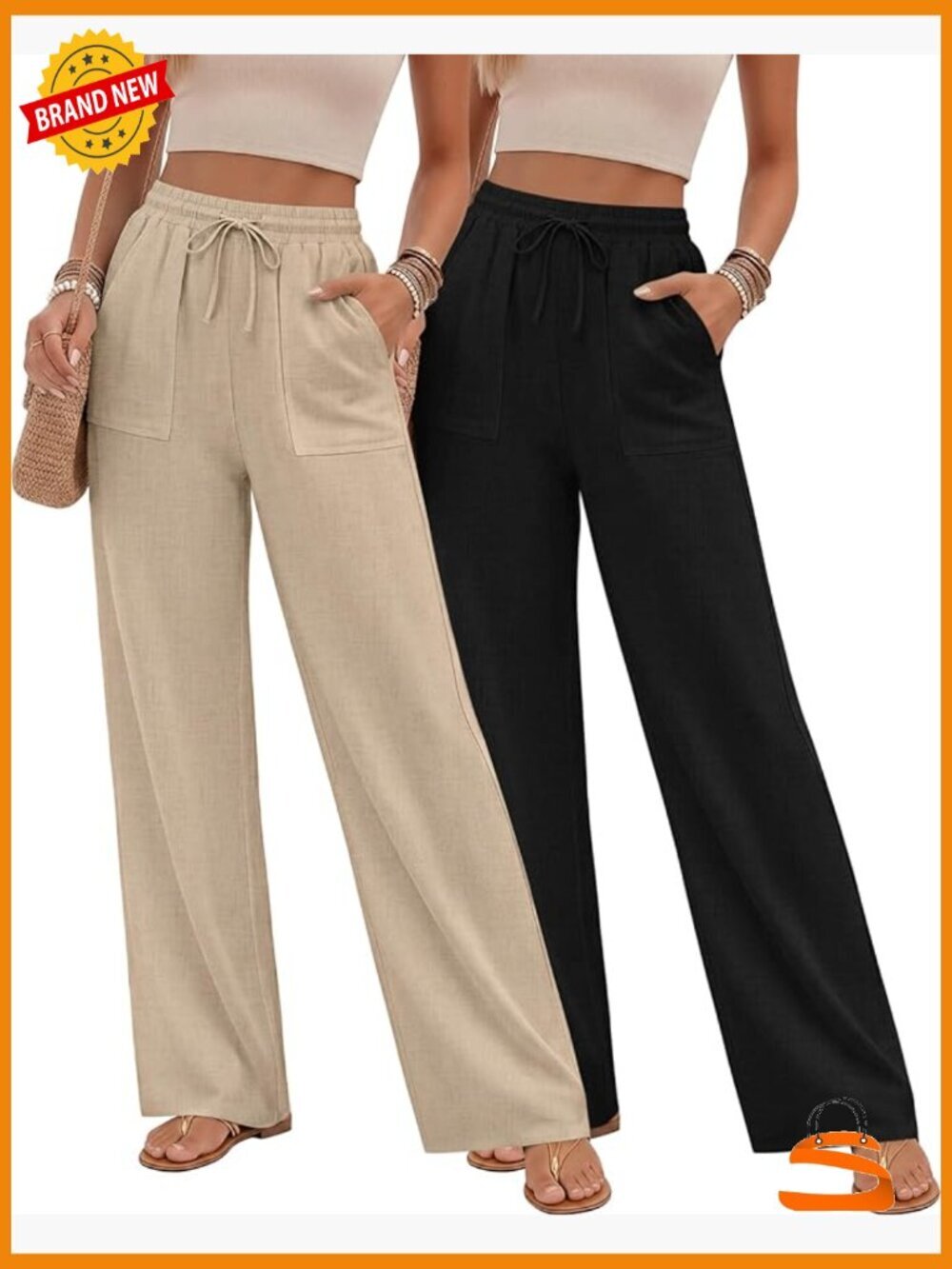 2 Pack Women's Linen Long Pants, Elastic Waist Drawstring Casual Straight Leg